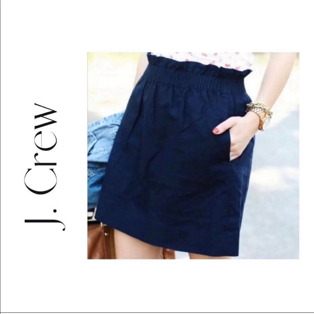 J Crew Preppy Academia Navy Blue Paper Bag Linen Skirt 4